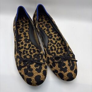 Rothy's Classic Leopard Ballet Flats Bow Brown Black Blue Trim Size 9 Comfort
